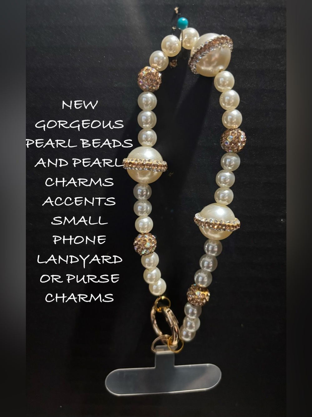 Pearl Bead Phone Lanyard Small Necklace with Gold Rhinestone Accents - Ivory